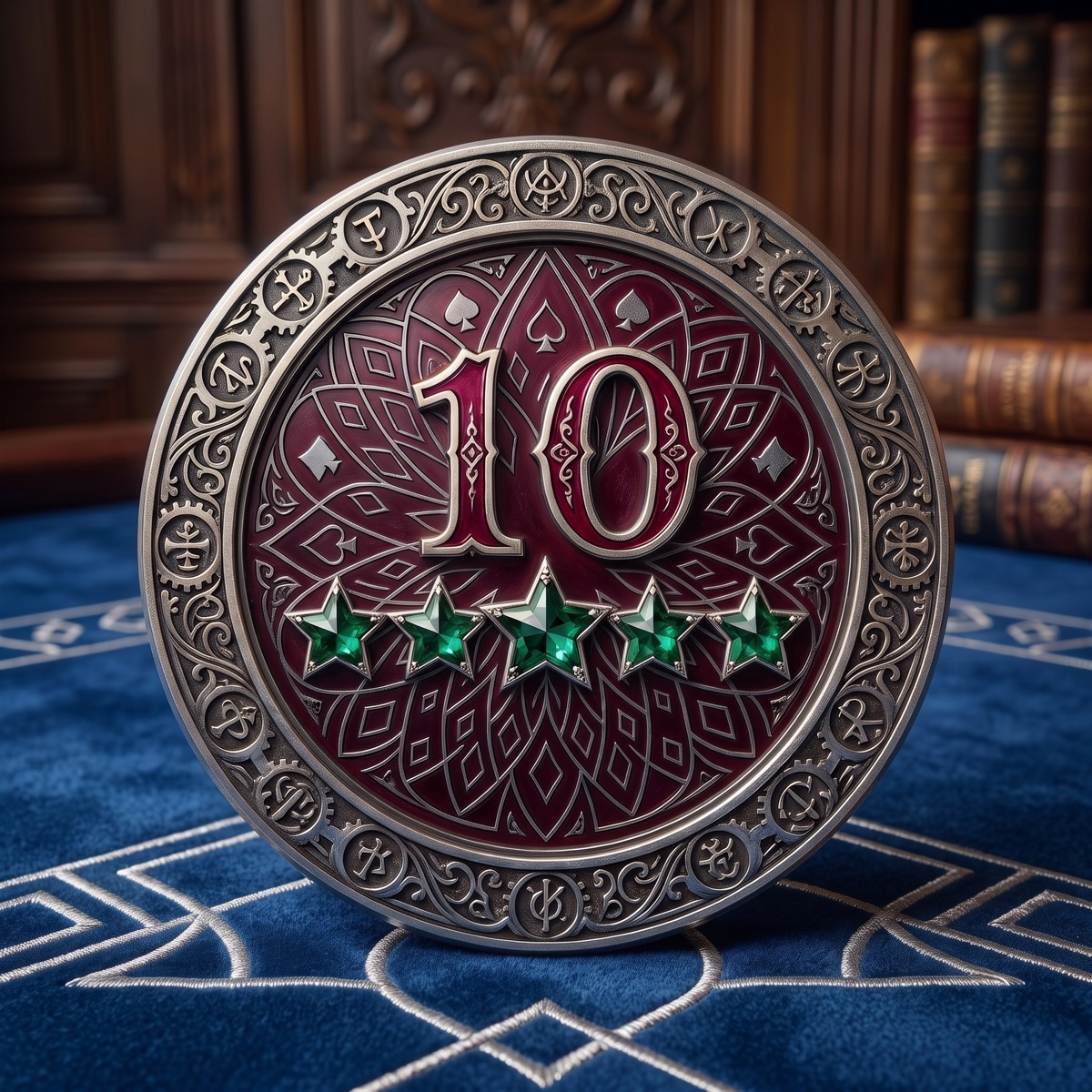 A circular metal token numbered ten with five green stars, standing on a blue cloth